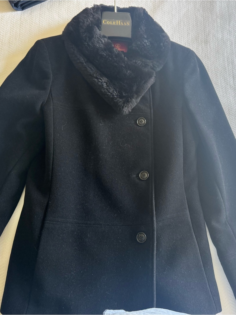 Cole Haan size 4 Black Wool/Cashmere Peacoat with Genuine Sheared Beaver Collar